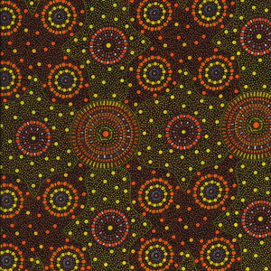 Waterhole & Riverbed, yellow, by Cathy Turner is a geometric design of concentric circles in brown and orange dots on a yellow and orange background.