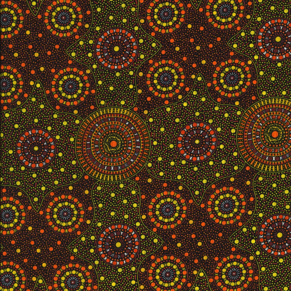 Waterhole & Riverbed, yellow, by Cathy Turner is a geometric design of concentric circles in brown and orange dots on a yellow and orange background.