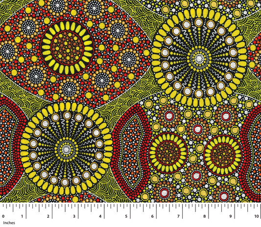 Wild Bush Banana & Tomato Rayon - yellow- Australian Aboriginal fabric designed by Marlene Doolan