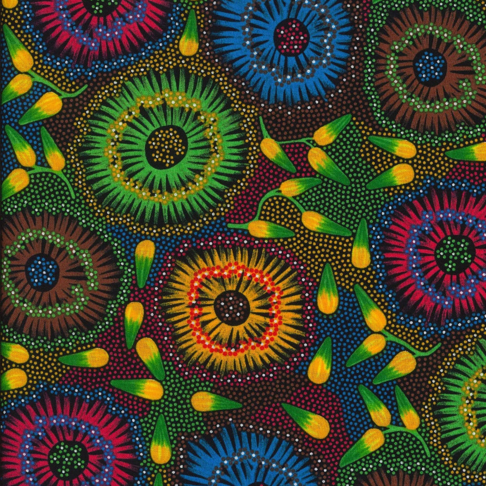 Wild Bush Banana, multi, by Lauren Daneic, is a colorful explosion of flowers in green, blue, yellow, red and brown on a multicolored background, with yellow/green fruits sprinkled in between.