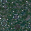 Wild Bush Flowers Dreaming, green, by Aboriginal artist Tanya Price, is a delicate line drawing of flowers in green, black and white, with a few blue accents sprinkled in.