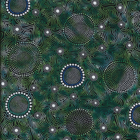 Wild Bush Flowers Dreaming, green, by Aboriginal artist Tanya Price, is a delicate line drawing of flowers in green, black and white, with a few blue accents sprinkled in.