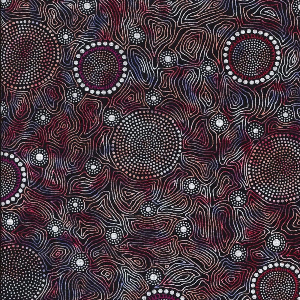 Wild Bush Flowers Dreaming, red, by Aboriginal artist Tanya Price, is a delicate line drawing of flowers in red, black and white, with a smart purple color wash blended in.