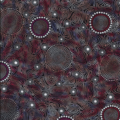Wild Bush Flowers Dreaming, red, by Aboriginal artist Tanya Price, is a delicate line drawing of flowers in red, black and white, with a smart purple color wash blended in.