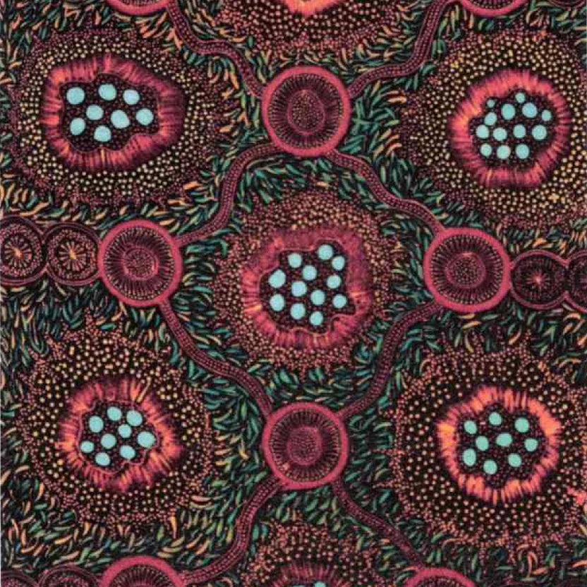 A close-up of a patterned fabric featuring stylized floral motifs in pink, red, teal, and olive green on a dark background.
