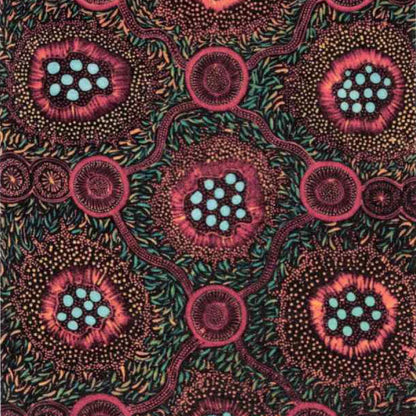 A close-up of a patterned fabric featuring stylized floral motifs in pink, red, teal, and olive green on a dark background.