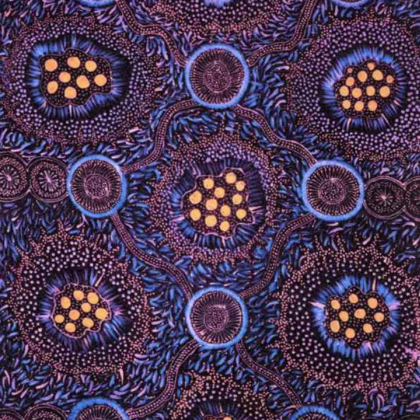An Aboriginal design by Tanya Price featuring stylized floral motifs in purple, lilac, orange, and eggplant on a dark background