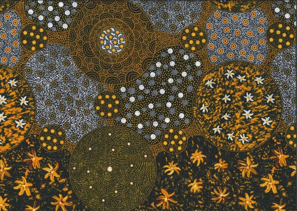 Wid Bush Tomato Gold australian fabric by Christine Doolan is a striking design in tans, gold, black and greys featuring flowers and lots of interconnected circles filled with different dot-based patterns. 