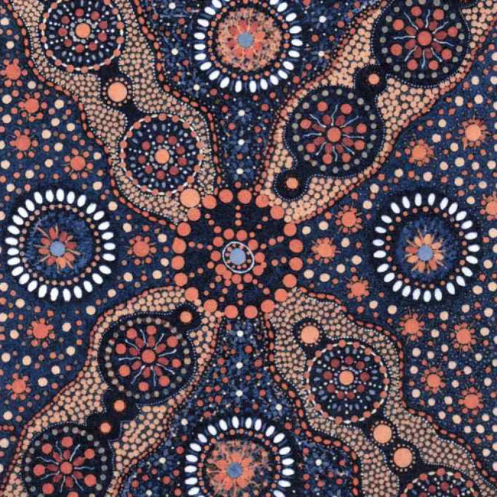 A close-up of a patterned textile featuring a dark navy blue background with intricate Aboriginal-style dot art motifs in terracotta orange, beige, white, and small blue accents.