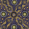 A close-up of a repeating Aboriginal dot art pattern featuring yellow-gold, purple, white, and blue circular motifs on a dark navy background.