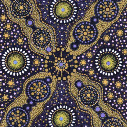 A close-up of a repeating Aboriginal dot art pattern featuring yellow-gold, purple, white, and blue circular motifs on a dark navy background.