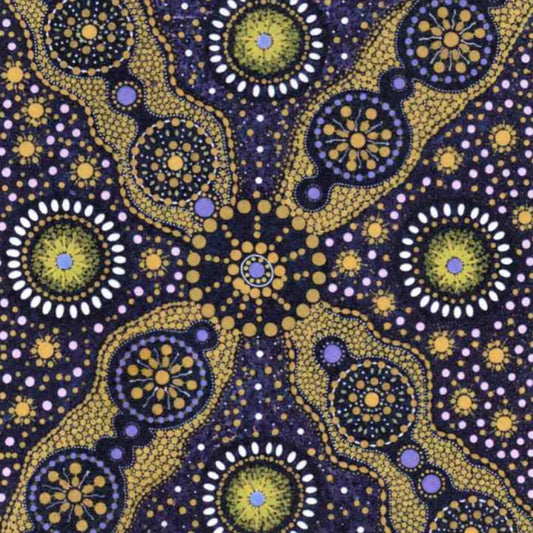 A close-up of a repeating Aboriginal dot art pattern featuring yellow-gold, purple, white, and blue circular motifs on a dark navy background.