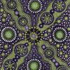 A close-up of a fabric or wallpaper pattern featuring intricate Aboriginal dot art style designs in lime green, purple, and white on a dark purple background.