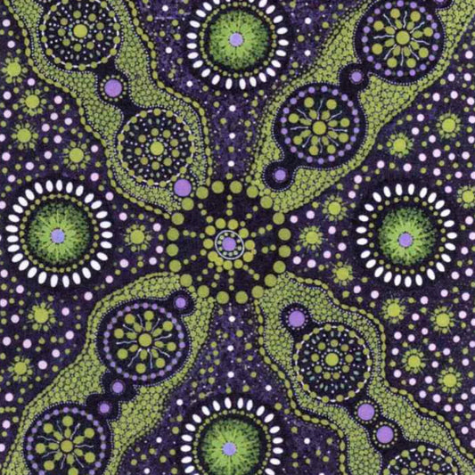 A close-up of a fabric or wallpaper pattern featuring intricate Aboriginal dot art style designs in lime green, purple, and white on a dark purple background.