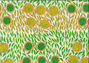 The Wild Seeds and Bush Tucker emerald fabric, created by renowned Aboriginal artist Lorraine Granites, showcases stunning orange circles filled with vibrant yellow and green dots, as well as striking orange and green brush strokes that pay homage to traditional bush food, on a white background.