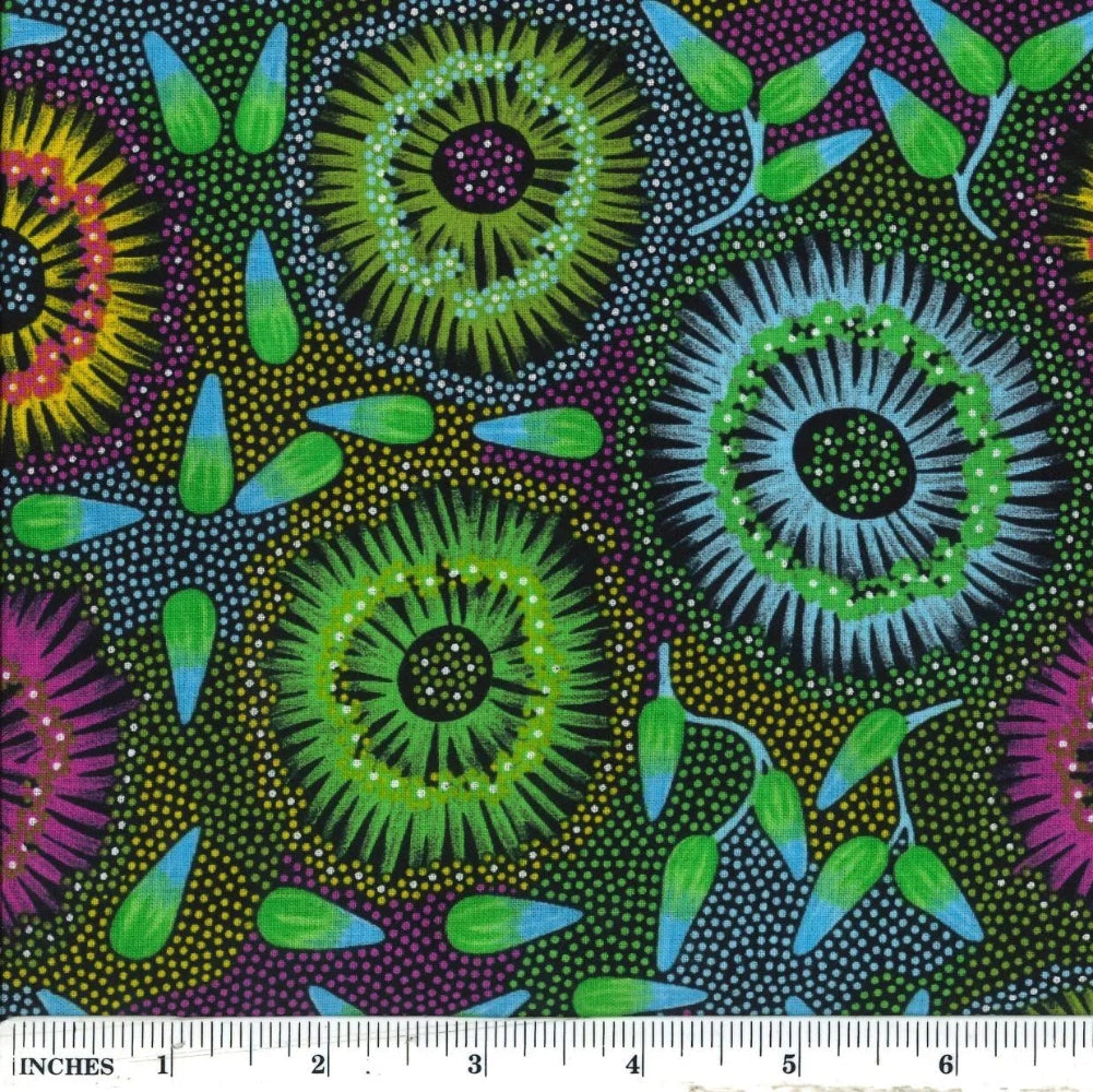 Wild Bush Banana, green-pink, by Lauren Daneic, is a colorful explosion of flowers in greens, pinks, yellow and pigeon blue on a multicolored background, with blue/green fruits sprinkled in between.