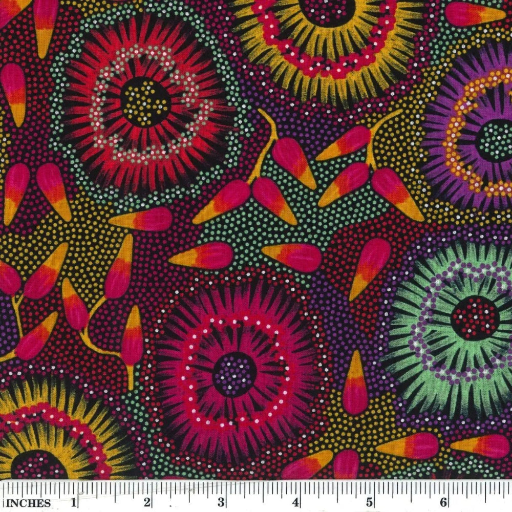 Wild Bush Banana, red, by Lauren Daneic, is a colorful explosion of flowers in red, purple, green and yellow on a multicolored background, with red/orange fruits sprinkled in between.
