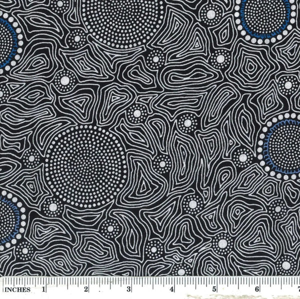 Wild Bush Flowers Dreaming, black, by Aboriginal artist Tanya Price, is a delicate line drawing of flowers in black and white, with a few blue flowers sprinkled in.