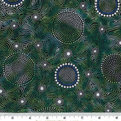 Wild Bush Flowers Dreaming, green, by Aboriginal artist Tanya Price, is a delicate line drawing of flowers in green, black and white, with a few blue accents sprinkled in.
