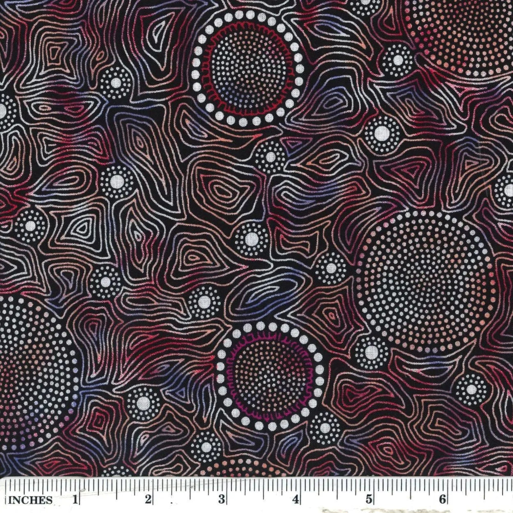 Wild Bush Flowers Dreaming, red, by Aboriginal artist Tanya Price, is a delicate line drawing of flowers in red, black and white, with a smart purple color wash blended in.