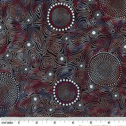 Wild Bush Flowers Dreaming, red, by Aboriginal artist Tanya Price, is a delicate line drawing of flowers in red, black and white, with a smart purple color wash blended in.