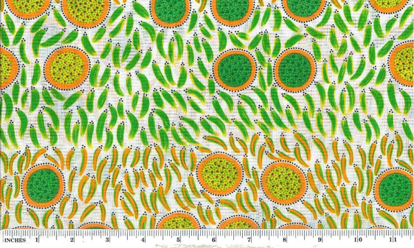 The Wild Seeds and Bush Tucker emerald fabric, created by renowned Aboriginal artist Lorraine Granites, showcases stunning orange circles filled with vibrant yellow and green dots, as well as striking orange and green brush strokes that pay homage to traditional bush food, on a white background.