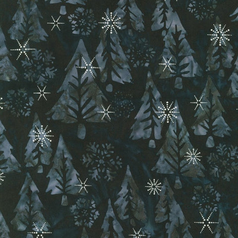 Winter Wonderland - Shadow is a festive winter design: grey Christmas trees and snowflakes on a charcoal background with sparkly stars in metallic silver.