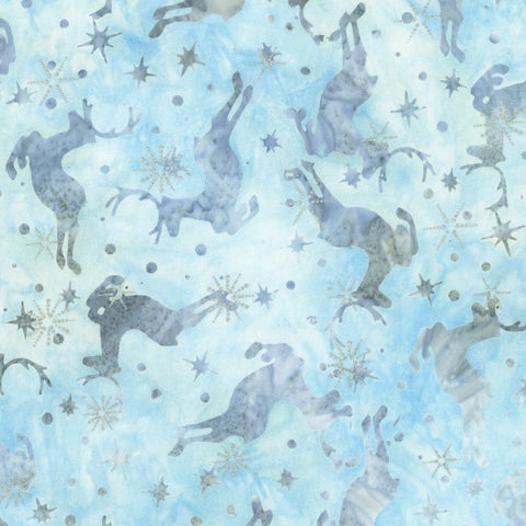 Winter Wonderland - Sky is a fun winter design: grey jumping reindeer and stars on a sky blue background with sparkly stars in metallic silver.