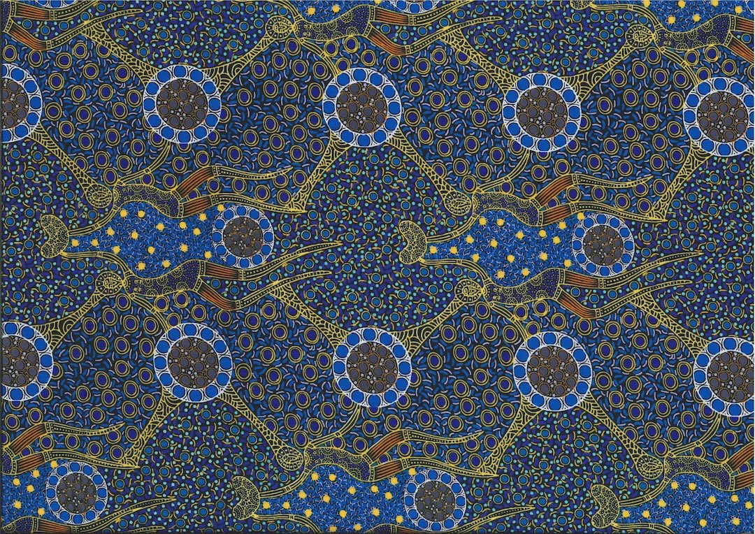 HBO Women Dancing near Waterhole, blue, Australian Aboriginal fabric by Christine Doolan