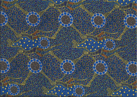 HBO Women Dancing near Waterhole, blue, Australian Aboriginal fabric by Christine Doolan