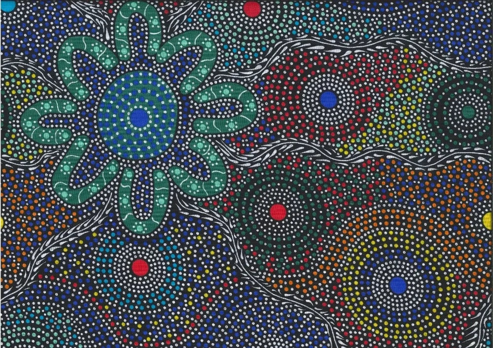  The intricate design showcases a variety of colorful dots arranged in circular patterns around dancing Women (represented by u-shapes). 