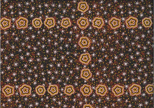  Women Watching Stars brown by Glenus Nagamarra Walker is an aboriginal design depicting twinkly white stars and yellow stylized flowers on a brown background.