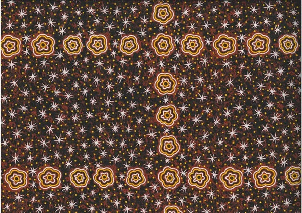  Women Watching Stars brown by Glenus Nagamarra Walker is an aboriginal design depicting twinkly white stars and yellow stylized flowers on a brown background.