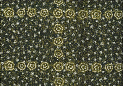 Women Watching Stars olive by Glenys Nagamarra Walker is an aboriginal design depicting twinkly white stars and olive stylized flowers on an olive background.