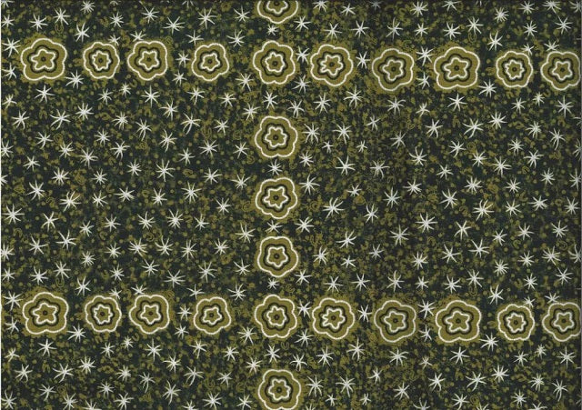 Women Watching Stars olive by Glenys Nagamarra Walker is an aboriginal design depicting twinkly white stars and olive stylized flowers on an olive background.