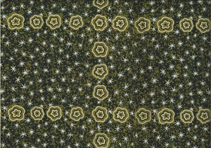 Women Watching Stars olive by Glenys Nagamarra Walker is an aboriginal design depicting twinkly white stars and olive stylized flowers on an olive background.