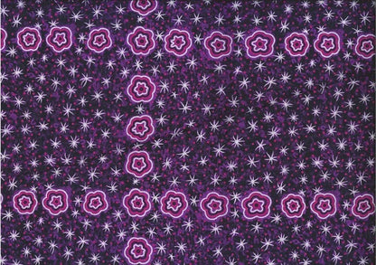  Women Watching Stars purple by Glenys Nagamarra Walker is an aboriginal design depicting twinkly white stars and purple stylized flowers on a purple background. 