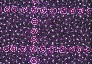  Women Watching Stars purple by Glenys Nagamarra Walker is an aboriginal design depicting twinkly white stars and purple stylized flowers on a purple background. 