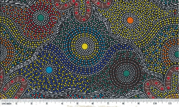 The intricate large scale design showcases a variety of colorful dots arranged in circular patterns around dancing Women (represented by u-shapes).