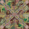 Yuendumu Bush Tomato black Australian Aboriginal fabric depicts women after collecting Bush Tomatoes in lovely earth and bush colors on a black background.