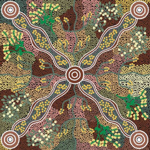Yuendumu Bush Tomato black Australian Aboriginal fabric depicts women after collecting Bush Tomatoes in lovely earth and bush colors on a black background.