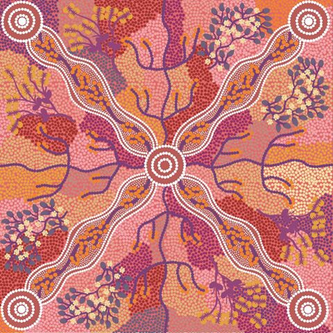 Yuendumu Bush Tomato rust Australian Aboriginal fabric depicts women after collecting Bush Tomatoes in lovely pink and tans on a light rust background with darker rust accents.