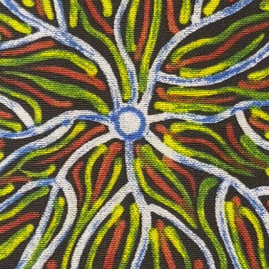 Running Water Dreaming Lemon is an intricate design of fine lines in bluish white, lemon yellow and red on a black background, simulating the rivulets of water splashing from a central waterhole. 