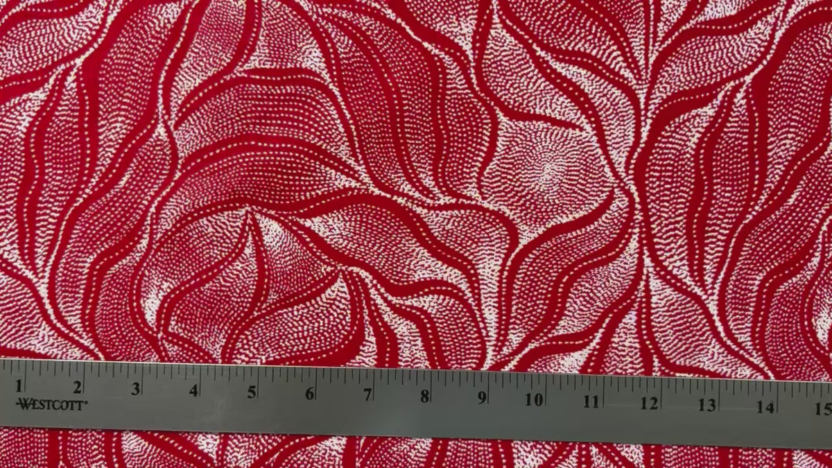 Sandhill and Waterhole Red is a striking design by Aboriginal artist Anna Pitjara, featuring intricate white motifs on a lovely red background.