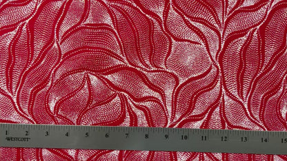 Sandhill and Waterhole Red is a striking design by Aboriginal artist Anna Pitjara, featuring intricate white motifs on a lovely red background.