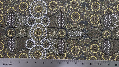 Campsite olive fine cotton fabric designed by Aboriginal Artist Bernadine Wallace