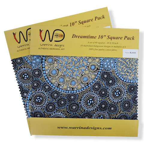 The Dreamtime 10" Square packs in black are comprised of 20 different prints of Australian Aboriginal fabric, 2 squares of each print for a total of 40 squares.