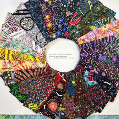 The January 2023 collection of Australian Aboriginal prints designed by a number of different artists has something for everyone: small scale, large scale. Exciting designs in brilliant colors, printed on 100 % soft hand cotton.