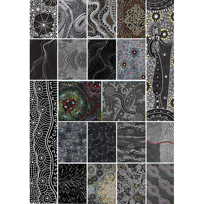 The Dreamtime 10" Square packs in black are comprised of 20 different prints of Australian Aboriginal fabric, 2 squares of each print for a total of 40 squares.