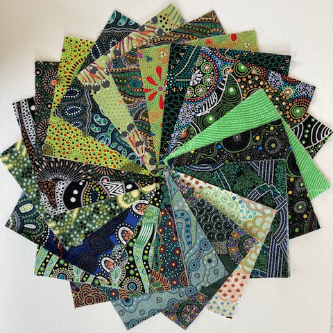 The Dreamtime 5" Square packs in green are comprised of 20 different prints of Australian Aboriginal fabric by M&S Textiles Australia, 2 squares of each print for a total of 40 squares.